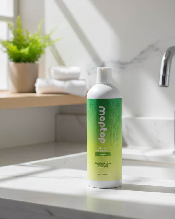 A bottle of Gentle Shampoo on a bathroom counter.