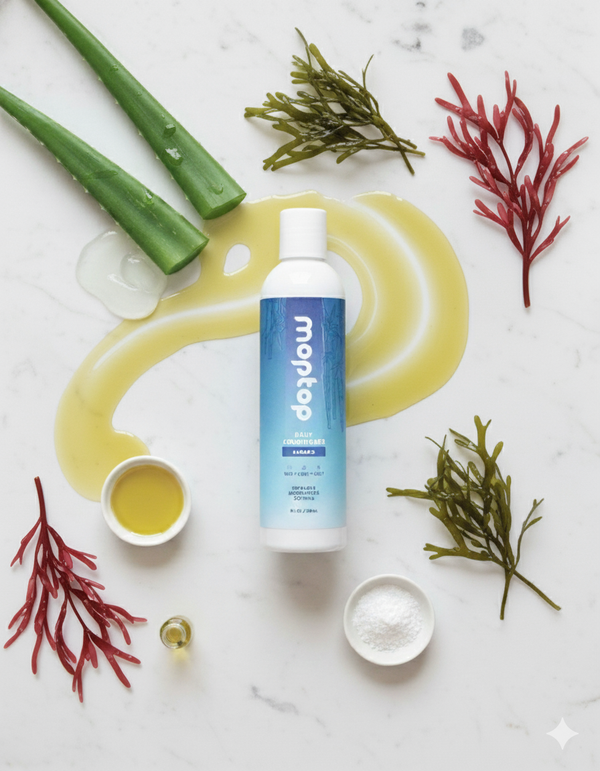 A bottle of Daily Conditioner surrounded by its ingredients, Aloe vera, seaweed, and honey