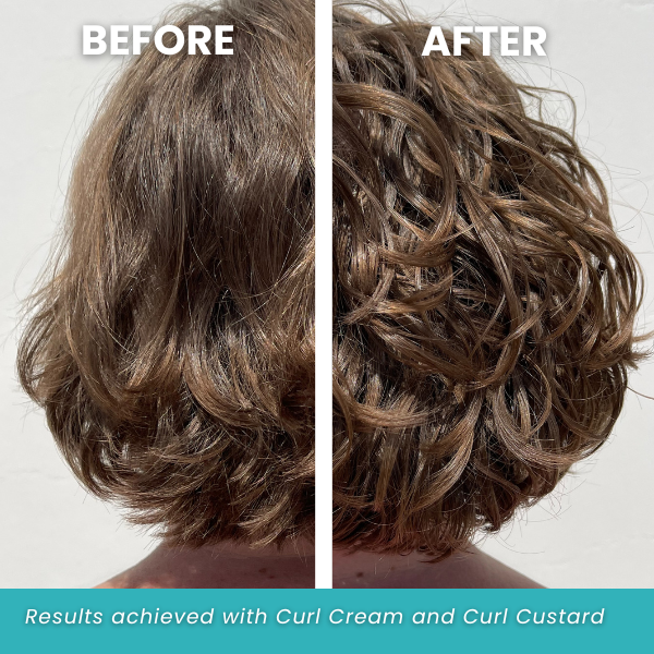 Before and after comparison of hair styled with Curl Cream and Curl Custard.