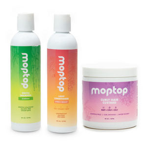 Front view of a Gentle Shampoo bottle, a Light Conditioner bottle, and a Curly Hair Custard jar