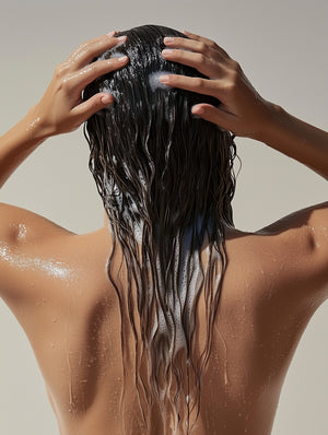 A woman shampooing her hair