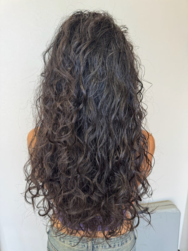 Back view of person with styled curly hair
