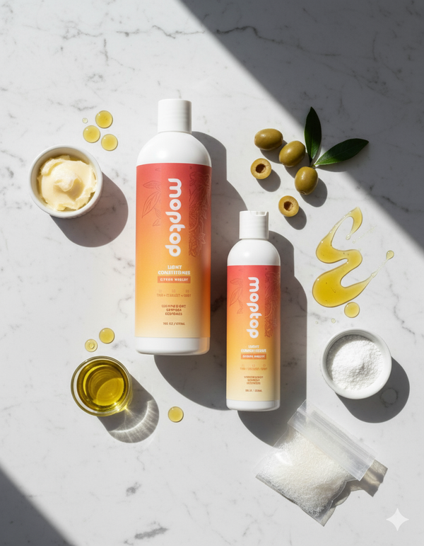 2 Bottles of Light conditioner surrounded by olives, cream, and oil