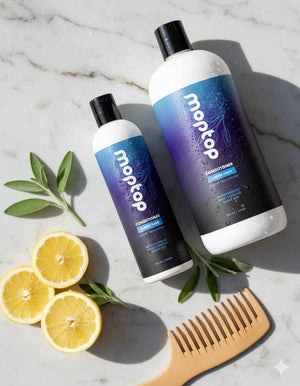 Two bottles of Salon Conditioner next to citrus slices, herbal leaves, and a comb