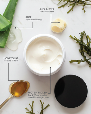 An open jar of Salon Deep Conditioner surrounded by shea butter, aloe, honeyquat, and seaweed