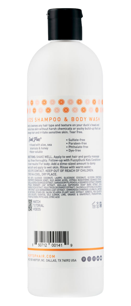 Back view of a bottle of FuzzyDuck Kids Shampoo and Body Wash