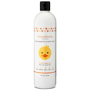 Front view of a FuzzyDuck Kids shampoo and and body wash bottle