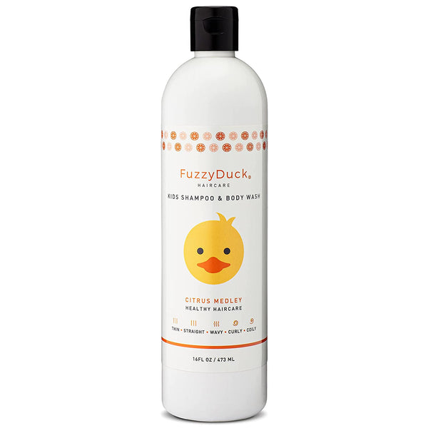 Front view of a FuzzyDuck Kids shampoo and and body wash bottle