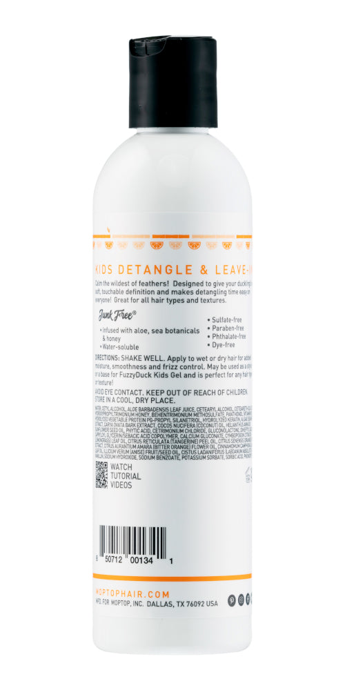 Back view of a FuzzyDuck Kids Detangle and Leave-In bottle