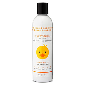 Front view of a FuzzyDuck Kids Shampoo and Body Wash bottle