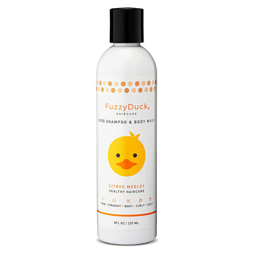 Front view of a FuzzyDuck Kids Shampoo and Body Wash bottle