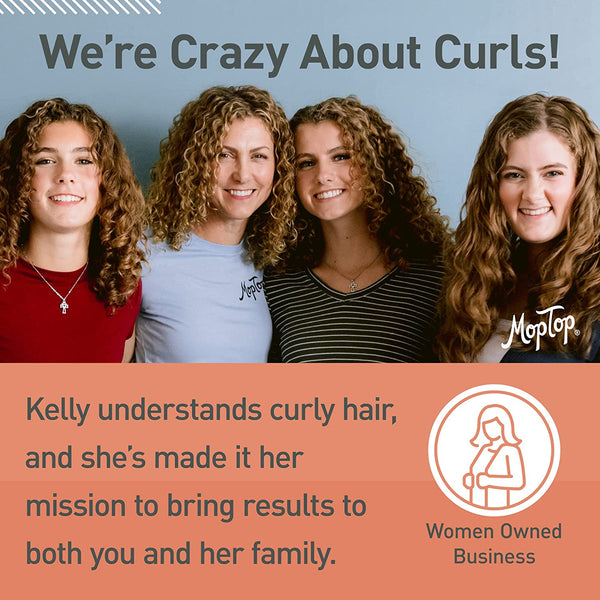 Image promoting curly hair, and showing that Moptop is a Women Owned Business
