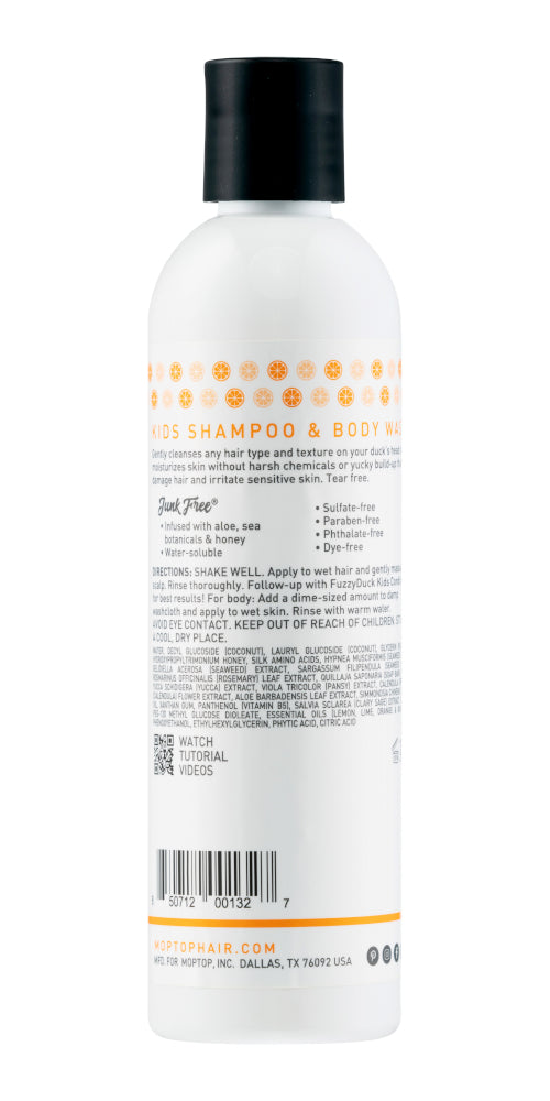 Back view of a bottle of FuzzyDucks Kids Shampoo and Body Wash
